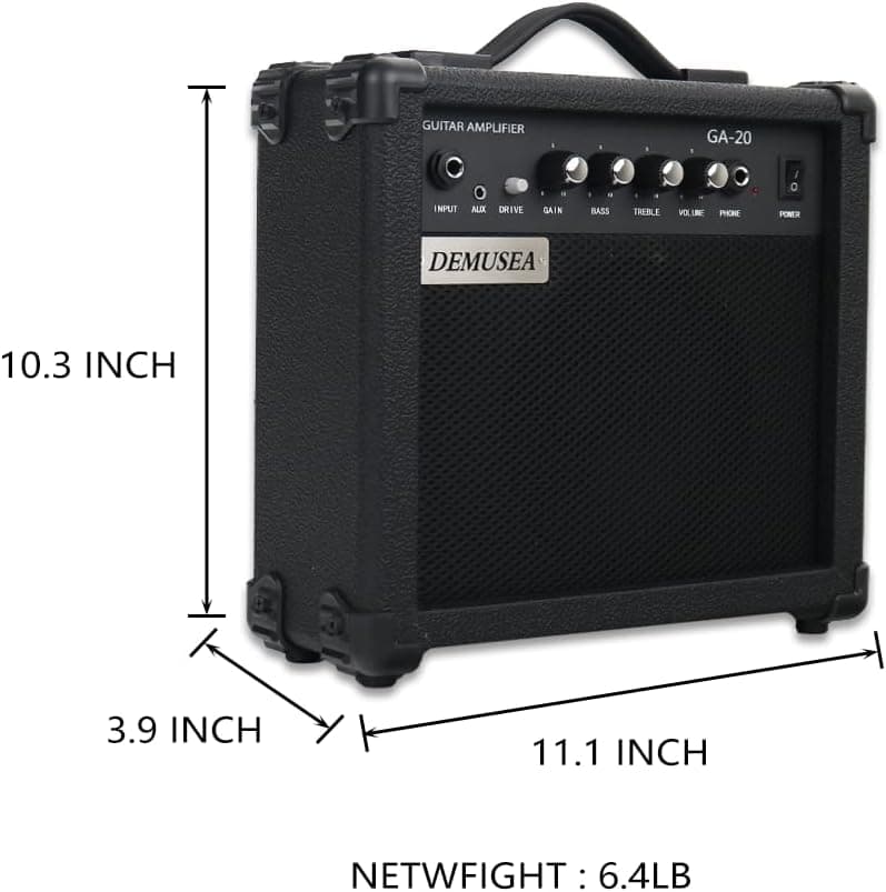 Electric Guitar Amplifier 20w Guitar Amp Starter Beginner Practice Small Portable Travel Headphone Aux Distortion Gain Treble Bass Volume Noiseless Cable Adapter Pick Aux Cable Earphone (BK)
