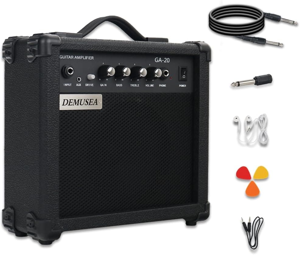 Electric Guitar Amplifier 20w Guitar Amp Starter Beginner Practice Small Portable Travel Headphone Aux Distortion Gain Treble Bass Volume Noiseless Cable Adapter Pick Aux Cable Earphone (BK)