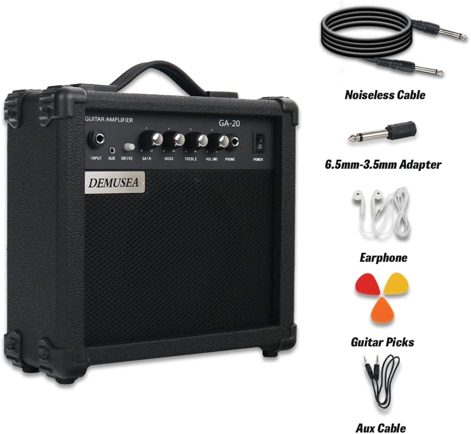 Electric Guitar Amplifier 20w Guitar Amp Starter Beginner Practice Small Portable Travel Headphone Aux Distortion Gain Treble Bass Volume Noiseless Cable Adapter Pick Aux Cable Earphone (BK)