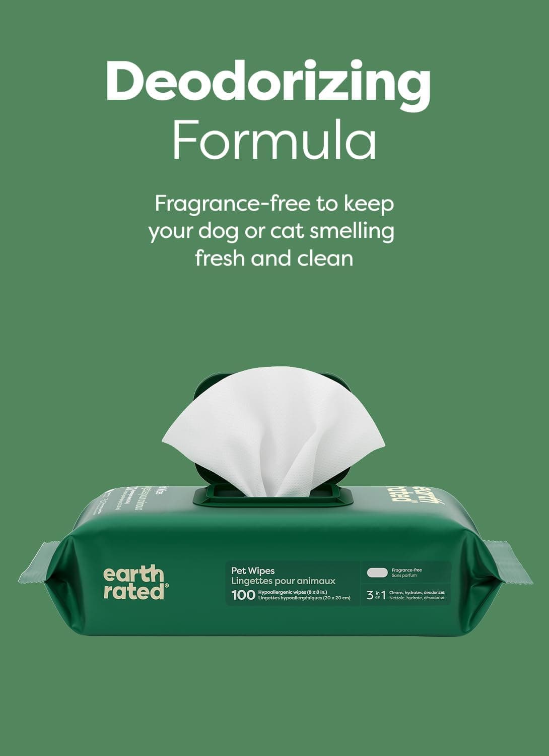 Earth Rated Dog Wipes for Paws & Butt, Deodorizing, Unscented, 100ct | Hypoallergenic, 3-in-1 Cleaning and Hydrating, for Grooming Paws, Body and Butt