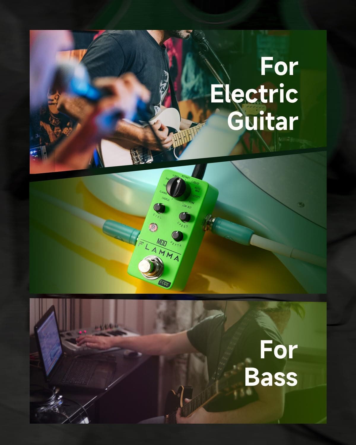 FLAMMA FC05 Modulation Guitar Pedal with Chorus Flanger Tremolo Phaser Vibrato Rotary Liquid Autowah Stutter Ring LowBit