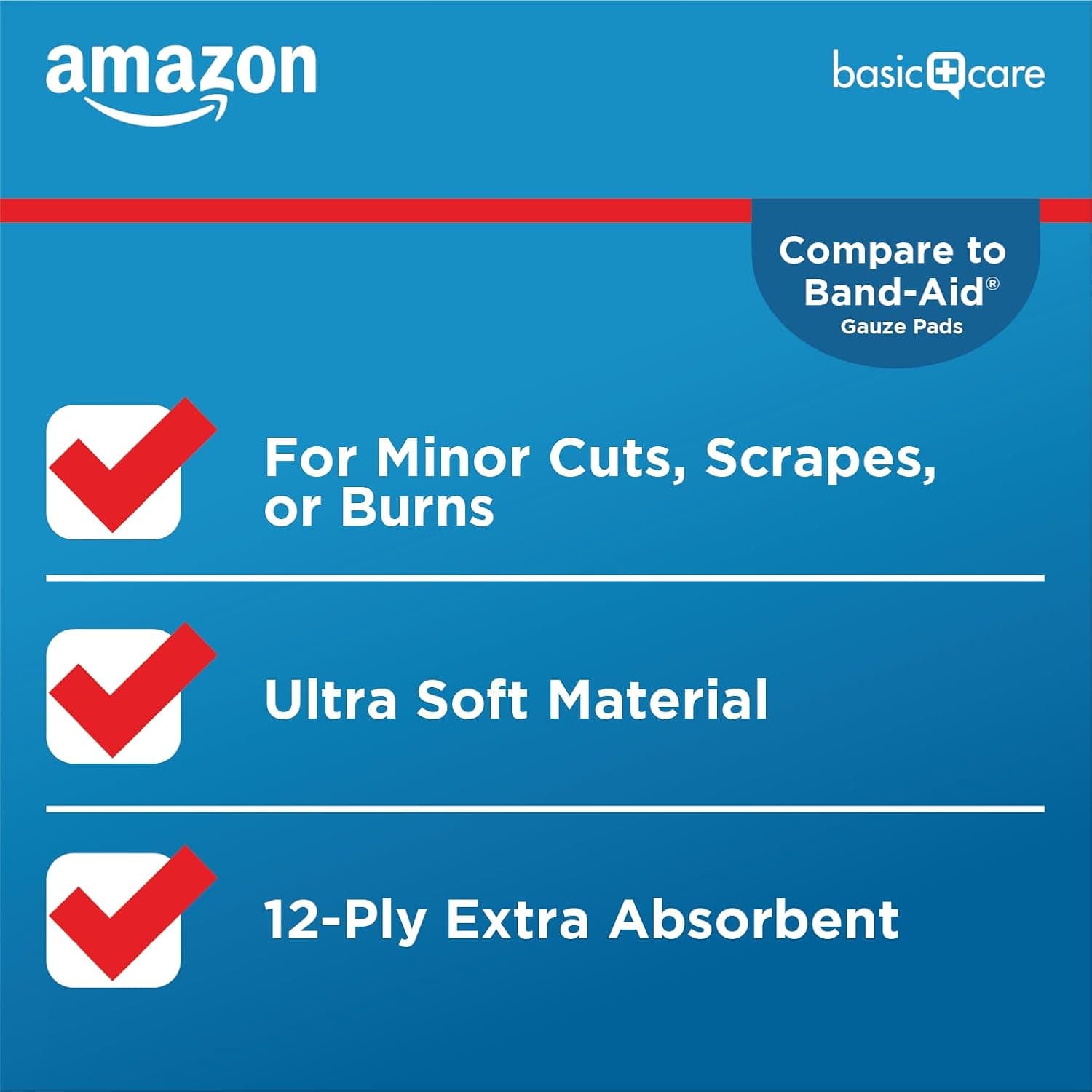 Amazon Basic Care Gauze Pads, 4x4" Sterile Medical Wound Dressing Sponges, 12-Ply, Extra Absorbent, for Cleaning, Covering & Cushioning Cuts & Minor Injuries, 50 Count, 1-Pack (Previously All Health)