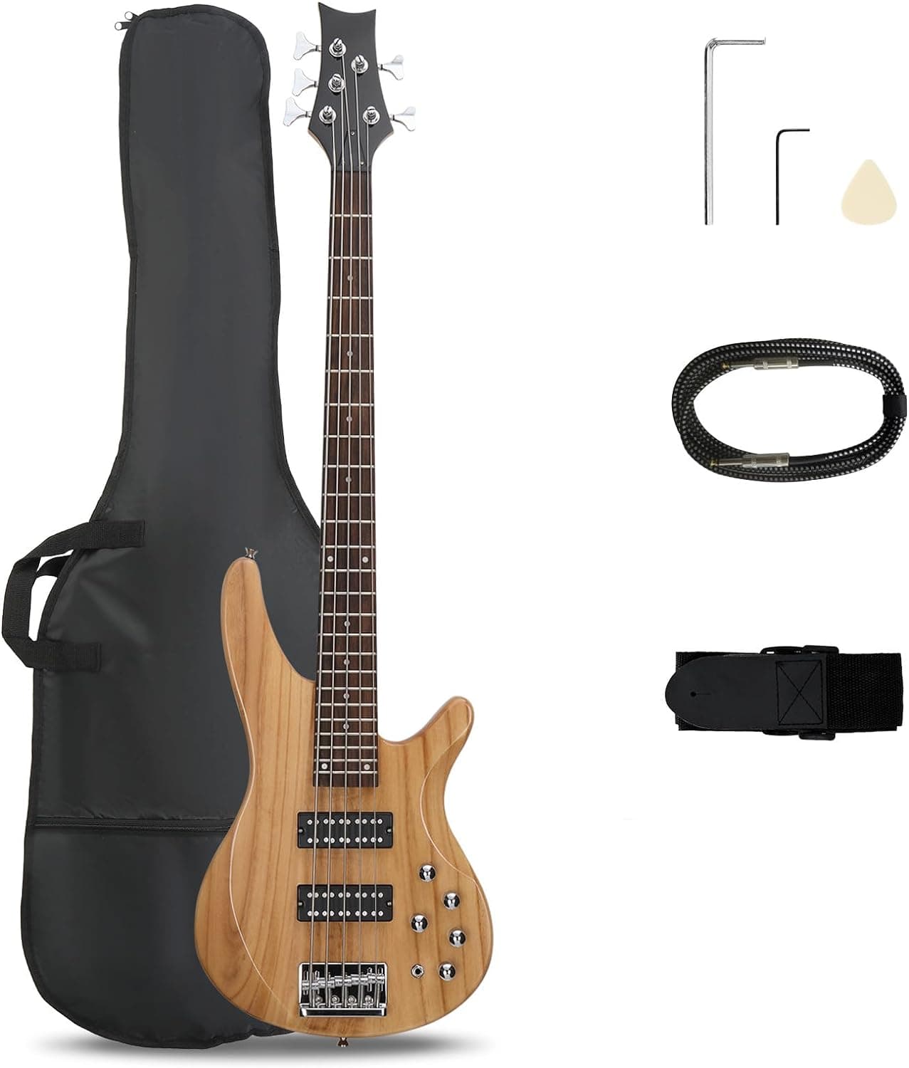 Ktaxon 5 String Electric Bass Guitar | Full Size 5 String Bass Guitar Kit | Standard Right Handed Bass Guitar Kit with Portable Gig Bag, Adjustable Strap, Cable, Pick & Wrench(Upgraded Natural)