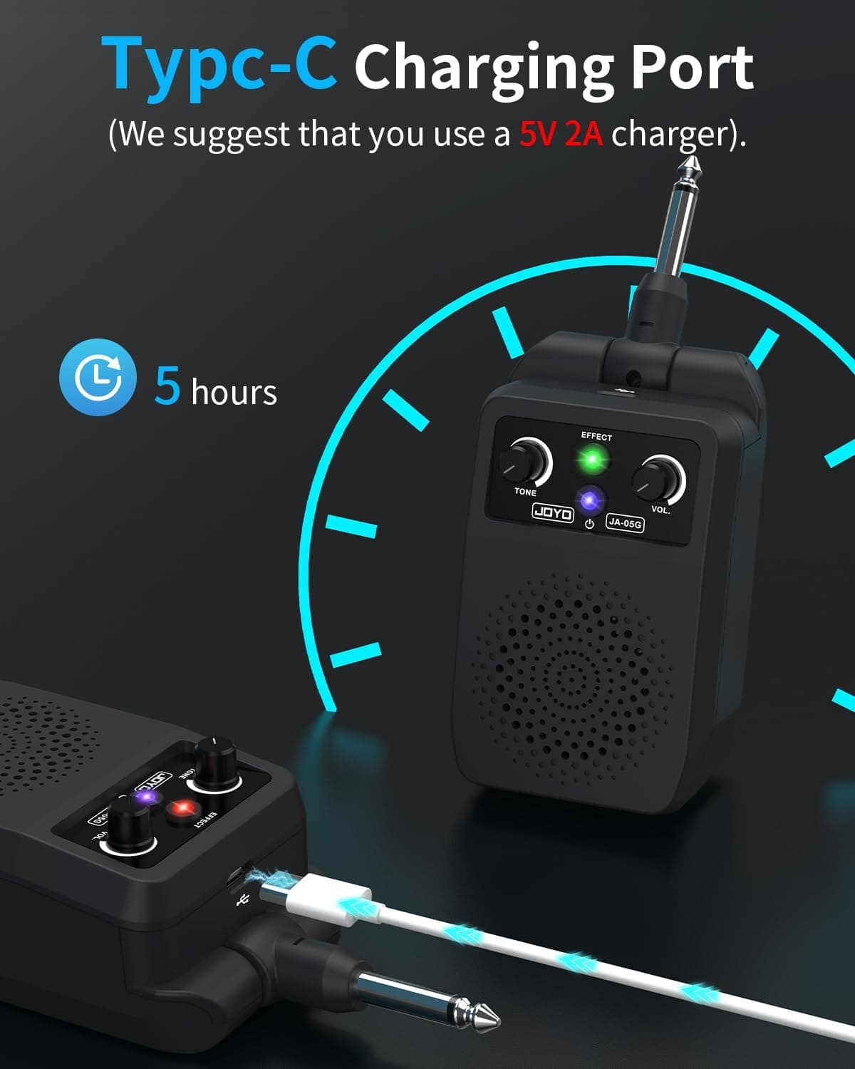 JOYO Mini Amp 5W Portable Plug in Practice Electric Amp Bluetooth Rechargeable Combo Guitar Amplifier Built-in 4 Effects Clean, Overdrive, Distortion, Reverb (JA-05G)