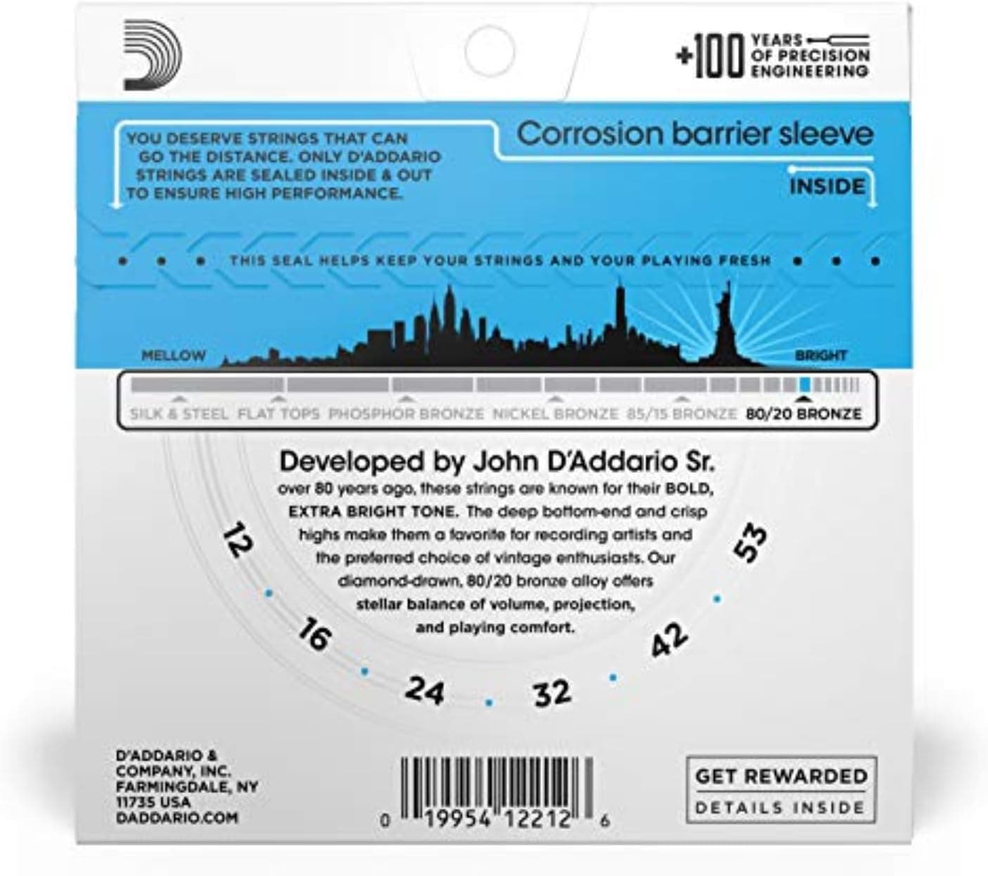 D'Addario EJ11 80/20 Bronze Acoustic Guitar Strings, Light 12-53 | Bright, projecting 80/20 bronze acoustic guitar strings deliver crisp tone, reliable performance, and comfortable playability