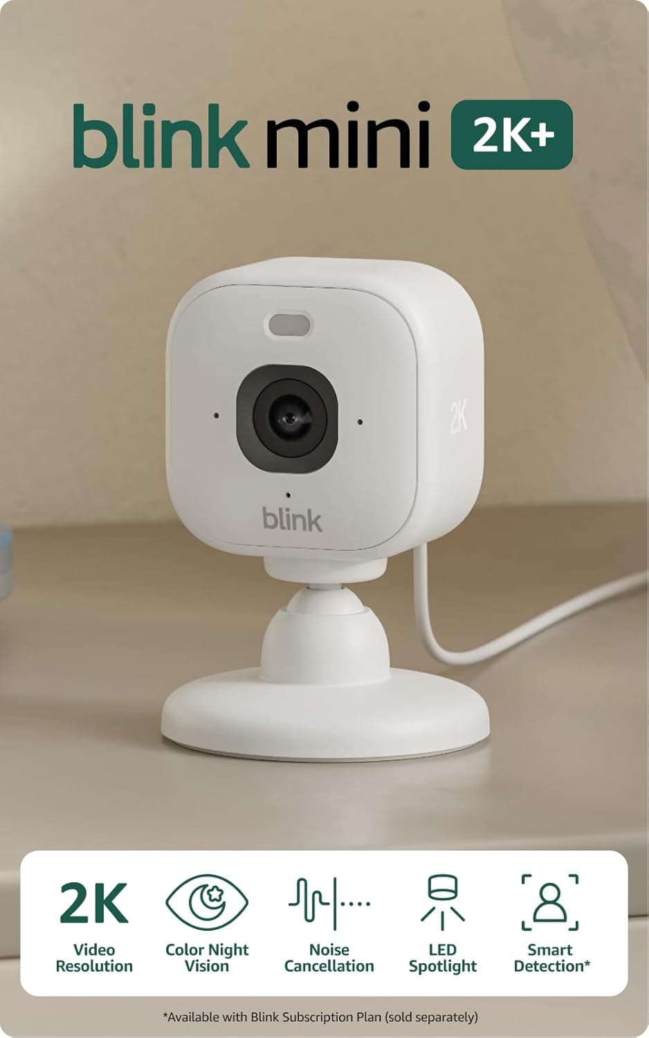 Blink Mini 2K+ (newest model) – Plug-in Home & Pet Indoor Security Camera with 2K video resolution, night vision, enhanced audio, motion detection – 2 cameras (White)