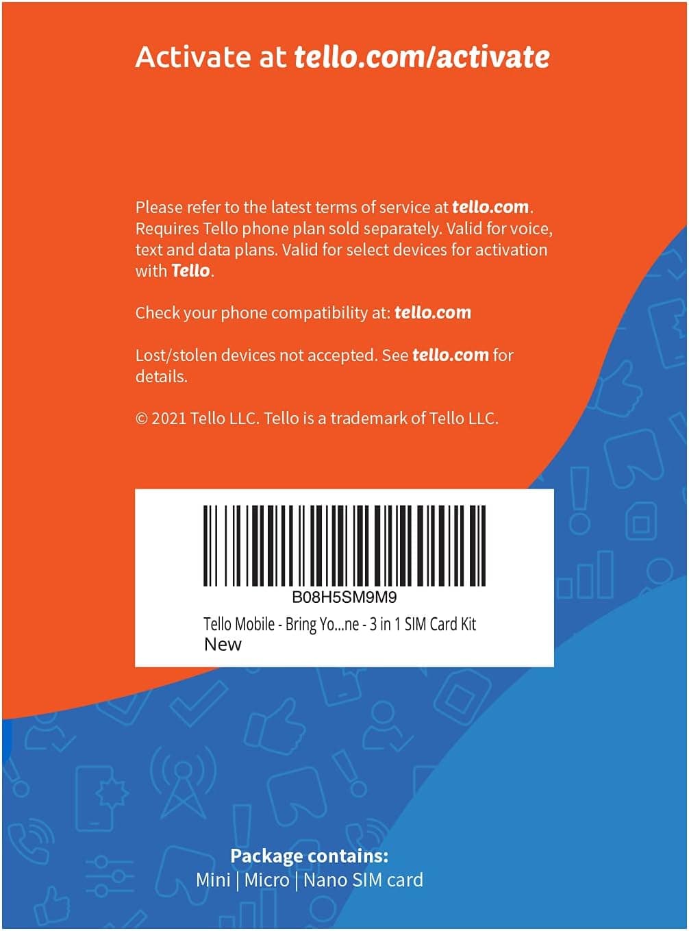 Tello Mobile - US Prepaid SIM Card (3 in 1) | Bring Your Own Phone Kit | Phone Plans Starting at $5/mo up to $25/mo | Nation-Wide 4G LTE/5G Coverage