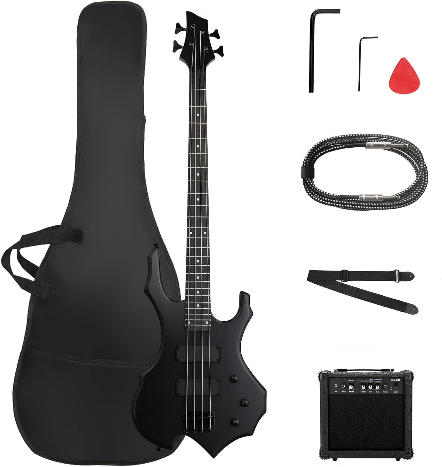 Ktaxon Electric Bass Guitar Full Size Flame Design Bass Guitar Kit (Matte) | Full Equipment with 20 Watt Amplifier, Portable Bass Bag, Superior Amp Wire, Adjustable Guitar Strap, Plectrum & Wrench Tool