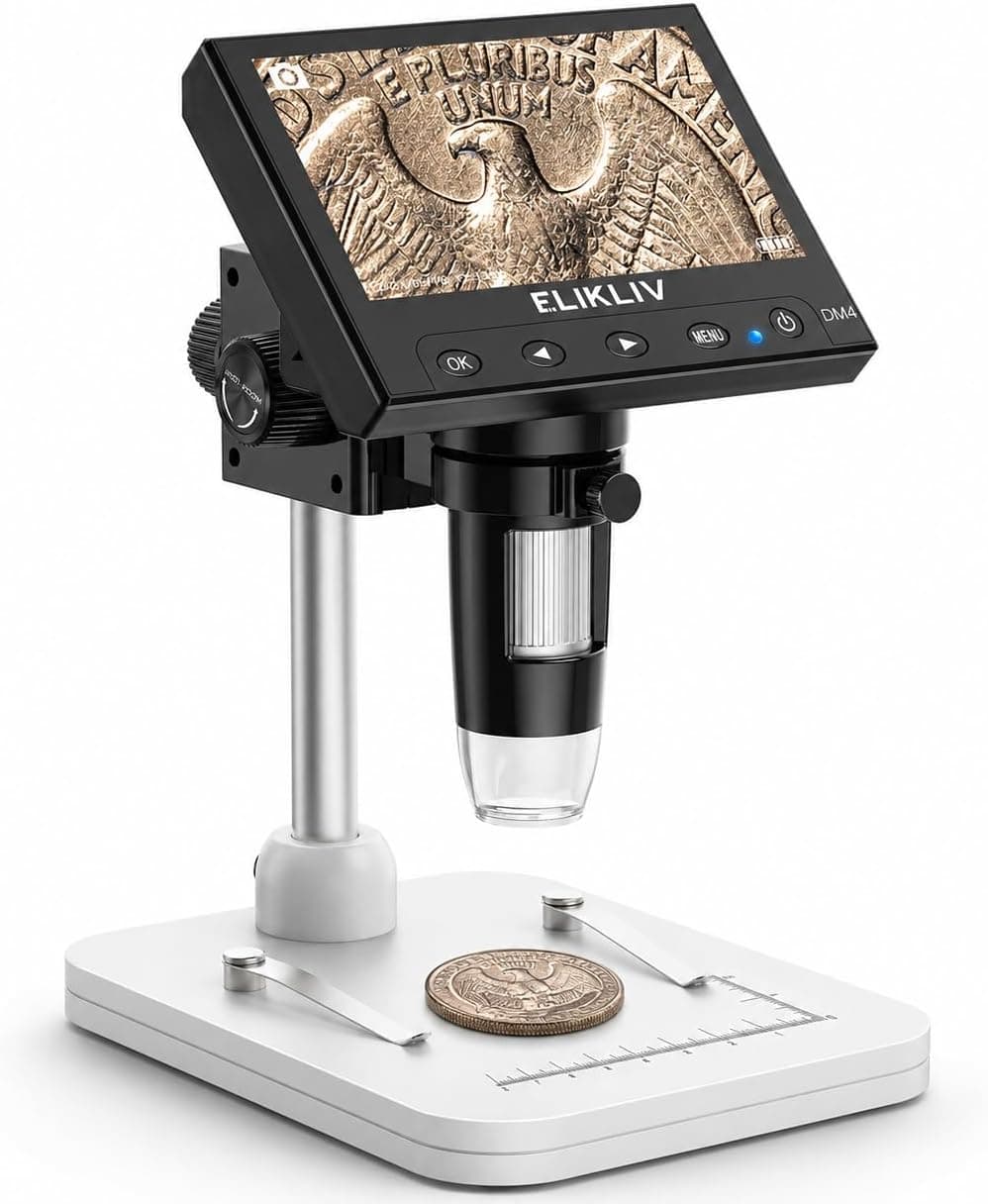 Elikliv Microscope, LCD Digital Coin Microscope 1000x, Coin Magnifier with 8 Adjustable LED Lights, PC View Compatible with Windows/MacBook, EDM4, 4.3-Inch