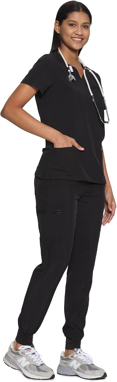COZYFIT Scrubs for Women Set - Stretch V-Neck & Jogger Pant with 9 Pockets | Yoga Waistband, Water Resistant Workwear, Slim Fit Look, For Nurses, Clinics, Long Shifts, Daily Medical Uniforms