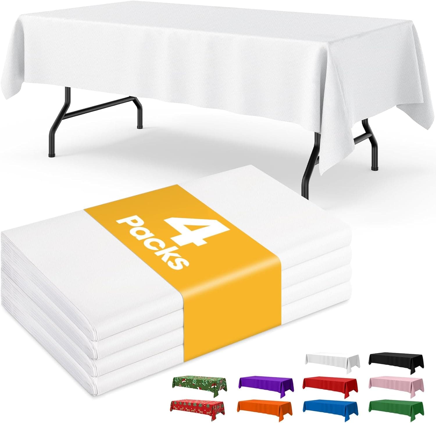 White Plastic Table Cloth - 4 Pack 54" × 108" Rectangle Disposable Tablecloths for 6FT Tables, Table Cover for Party, Holiday & Gathering Use | Rectangle, 6 ft Tables, Party Holiday Gathering