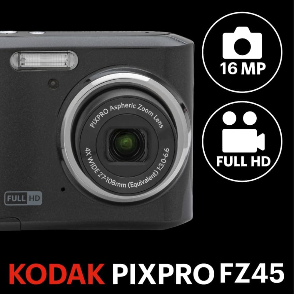KODAK PIXPRO FZ45 16MP Compact Digital Camera, 4X Optical Zoom, AA, Black | 1080p Full HD Video, 27mm Wide Angle Lens, 2.7 Inch LCD, Point and Shoot, Digicam, Travel and Family Photos