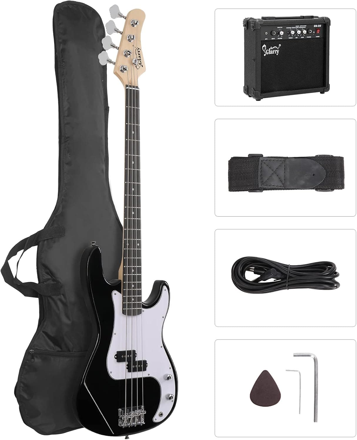 GLARRY Full Size Electric Bass Guitar Beginner Kit 4 String Exquisite Basswood Bass with 20W AMP, Cable, Strap, Bag and Accessories (Black, 39"Right Handed)
