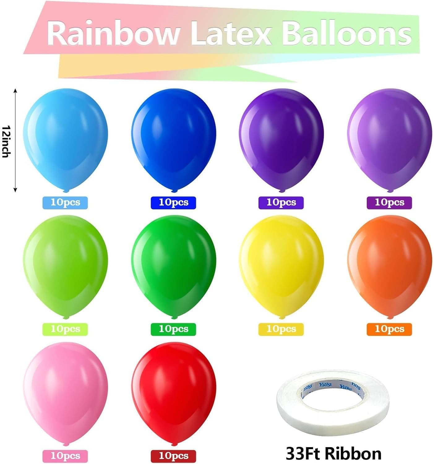 Assorted Latex Rainbow Balloons 100 Pack 12 inch | Bright Color Balloons for Birthday Bridal Shower Wedding Party Decorations