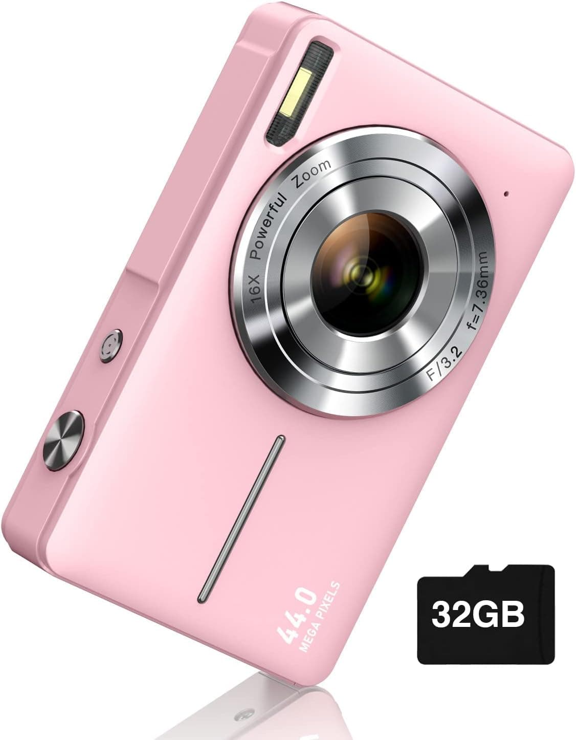 Digital Camera FHD 1080P with 32G Card 16X Zoom & Flash Easy for Kids Pink | Compact camera with anti-shake, Includes 2 batteries & charger. Perfect for parties, trips, birthdays gift from parents.