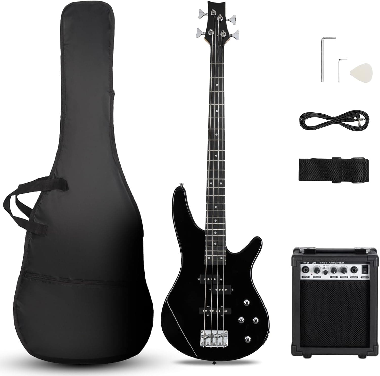 Ktaxon Electric Bass Guitar 4 String Bass Guitar Kit-Black | Full Equipment with 20 Watt Amplifier | PJ Type Pickup, Naturally Air-dried Maple Neck, Rosewood Fretboard & Basswood Body