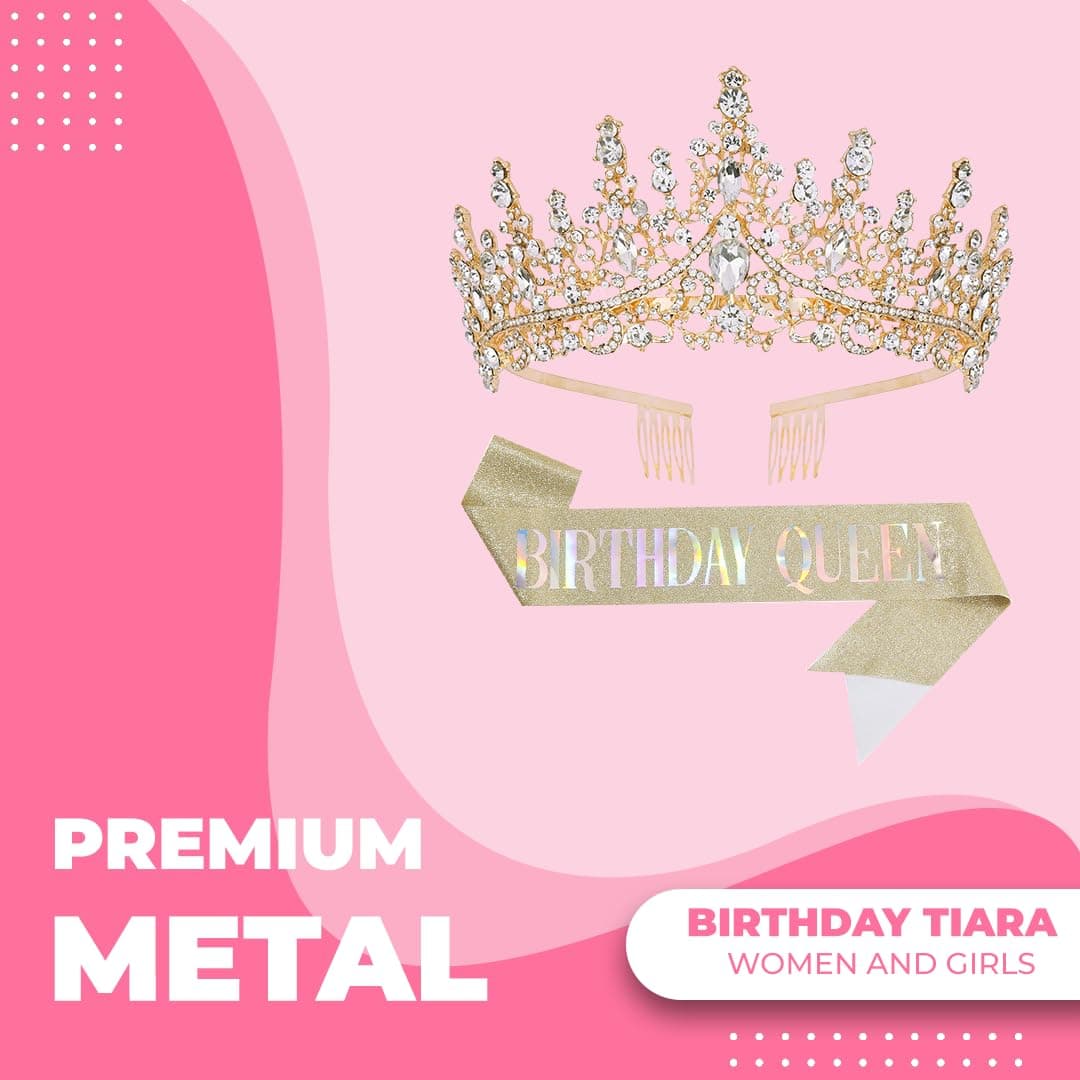 Birthday Tiara Crown with Sash for Women, Birthday Queen for Party | Metal Crown, Birthday Decorations, Birthday Accessories