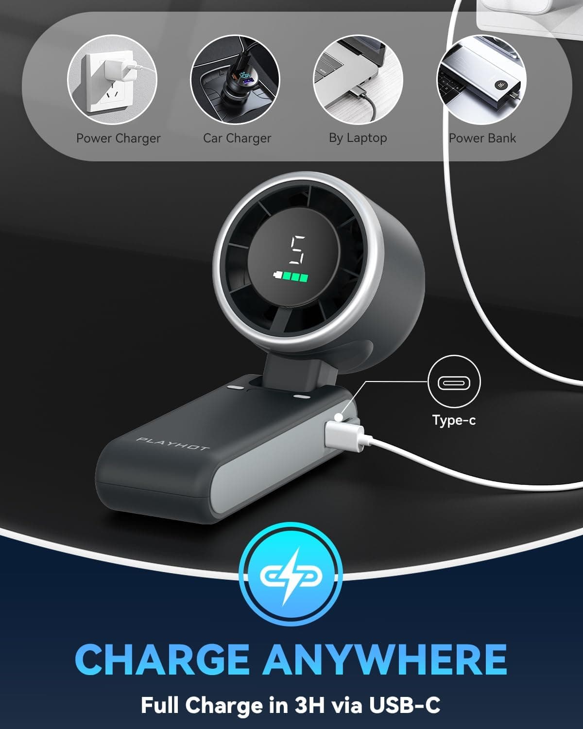 PlayHot Portable Handheld Turbo Fan, Travel Essentials, Gifts for Women/Men | 5-Speed, Up to 12H, 10m/s Airflow, USB-C Rechargeable, LED Display, 3-in-1 Foldable Personal Fan for Cruise, Beach, Vacation