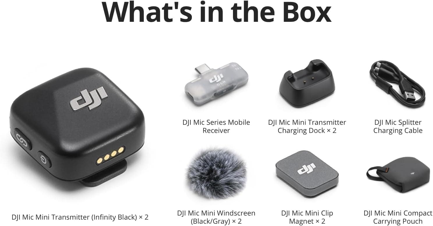 DJI Mic Mini (2 TX + 1 Mobile RX), Ultralight, Active Noise Cancelling | Wireless Lavalier Microphone for iPhone 17/16/15 & Android/PC/Tablet, Plug-and-Play, 300m Transmission, Youtube, Vlog
