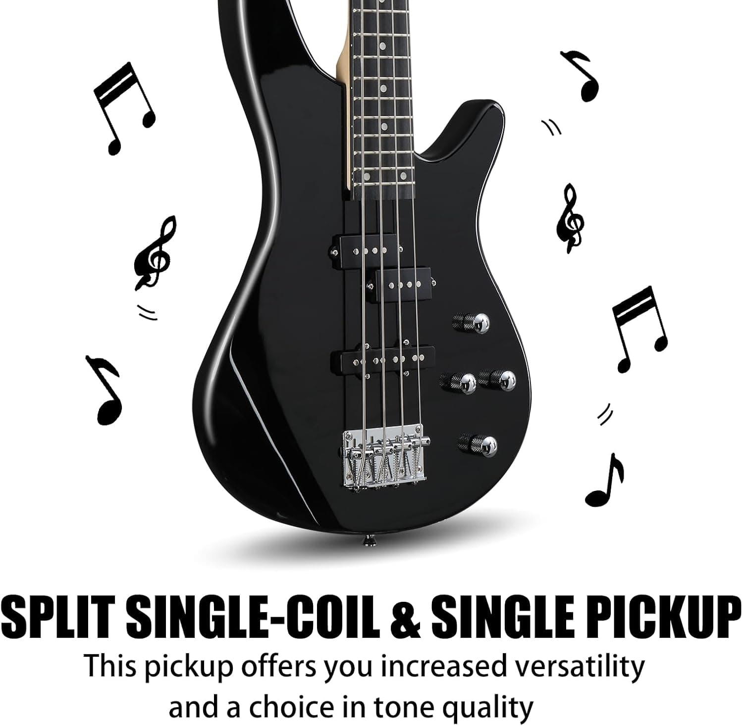Ktaxon Electric Bass Guitar 4 String Bass Guitar Kit-Black | Full Equipment with 20 Watt Amplifier | PJ Type Pickup, Naturally Air-dried Maple Neck, Rosewood Fretboard & Basswood Body