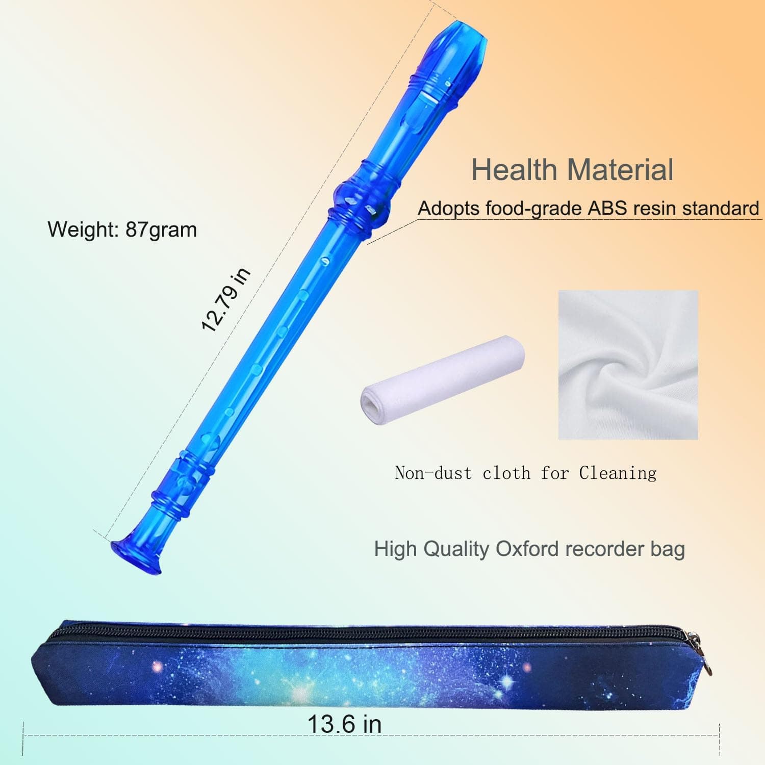 8 Hole Soprano Recorder with Cleaning Rod and Bag, Professional German Style C Key Recorder for Kids Beginners Students (Crystal Blue)