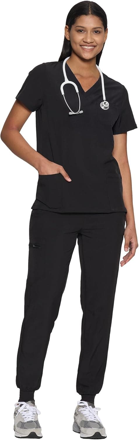 COZYFIT Scrubs for Women Set - Stretch V-Neck & Jogger Pant with 9 Pockets | Yoga Waistband, Water Resistant Workwear, Slim Fit Look, For Nurses, Clinics, Long Shifts, Daily Medical Uniforms