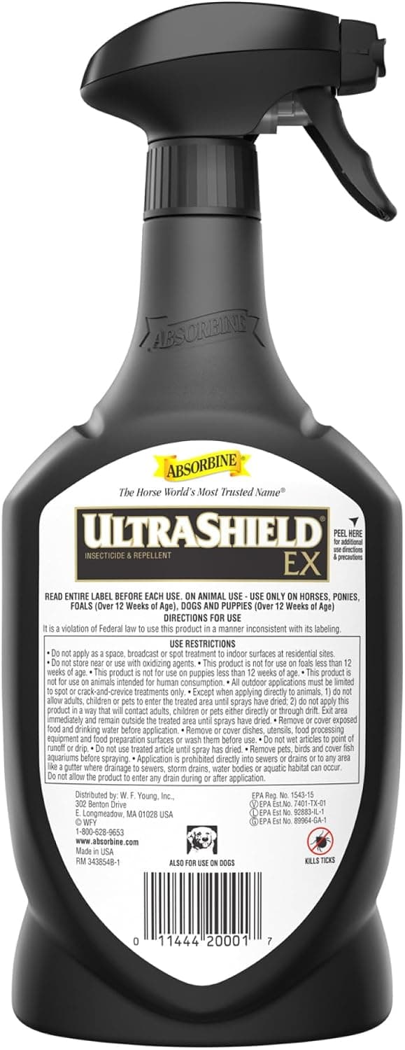 Absorbine UltraShield EX Insecticide & Repellent, 32 fl oz Sprayer | Use on Horses, Dogs & Premise, Kills & Repels 70+ Species Including Flies, Mosquitoes, Ticks, Fleas, Lice, Up to 17 Days