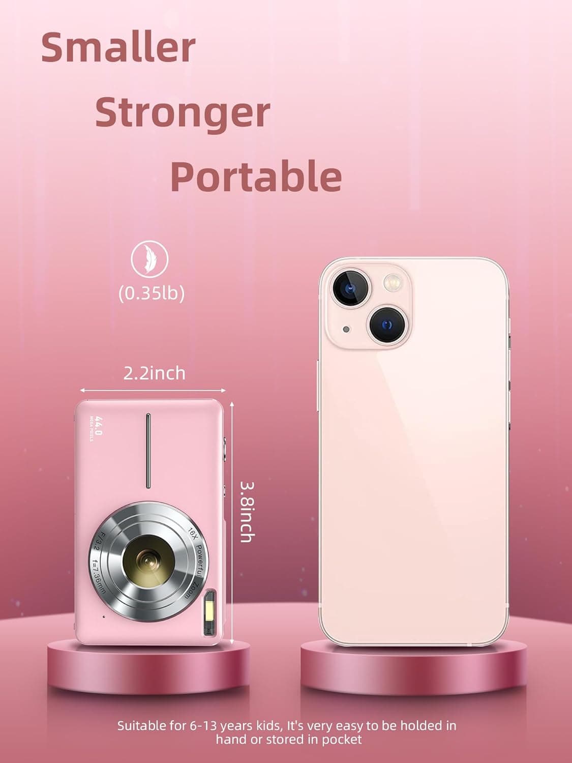 Digital Camera FHD 1080P with 32G Card 16X Zoom & Flash Easy for Kids Pink | Compact camera with anti-shake, Includes 2 batteries & charger. Perfect for parties, trips, birthdays gift from parents.