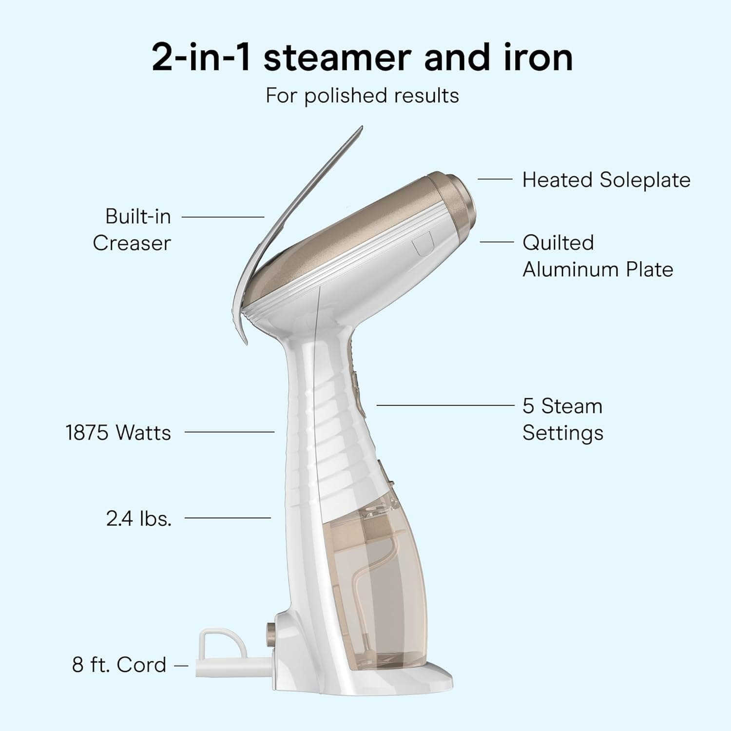 Conair Handheld Garment Steamer for Clothes, Turbo ExtremeSteam 1875W Fabric Steamer, Portable Handheld Design, Strong Penetrating Steam, White/Champagne