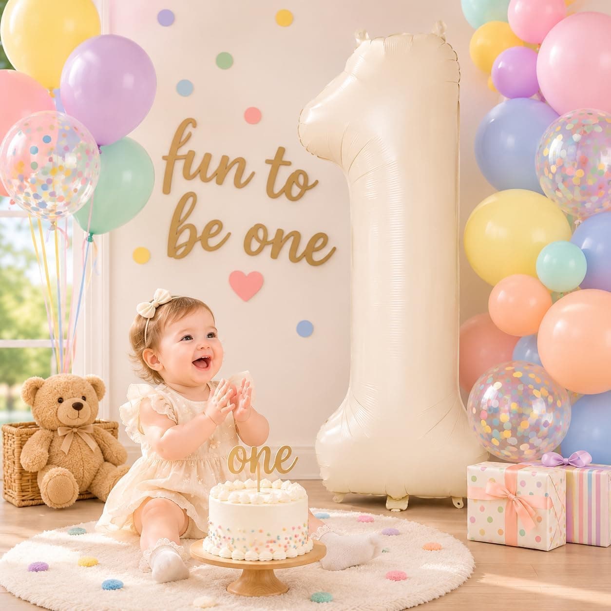 40 Inch Beige Number 1 Balloon for Fun to be One 1st Birthday Decorations | Large Cream White Helium Foil Number Balloons 0-9 Self Inflating for Boys Girls One Silly Goose Party Anniversary Supplies