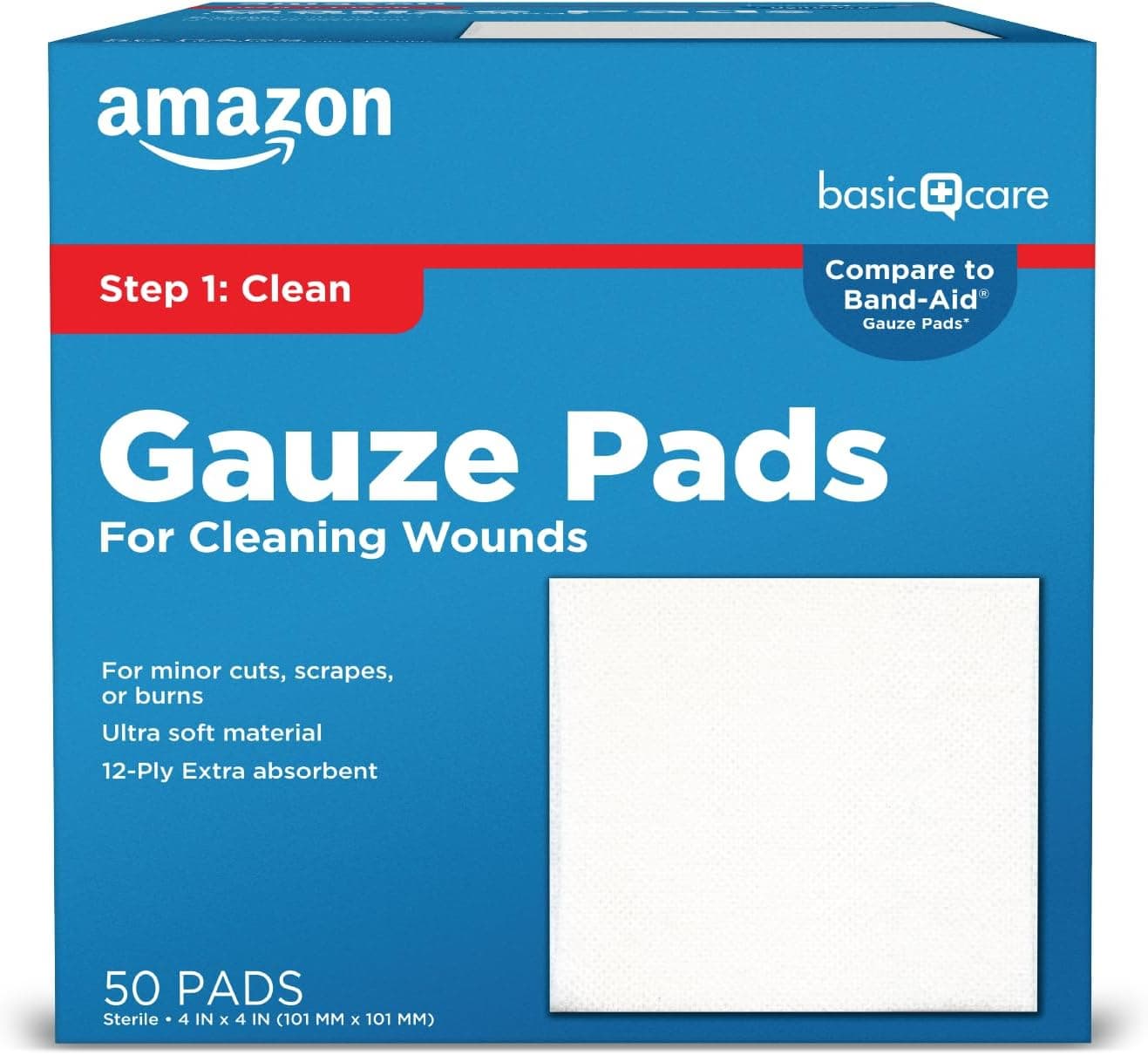 Amazon Basic Care Gauze Pads, 4x4" Sterile Medical Wound Dressing Sponges, 12-Ply, Extra Absorbent, for Cleaning, Covering & Cushioning Cuts & Minor Injuries, 50 Count, 1-Pack (Previously All Health)