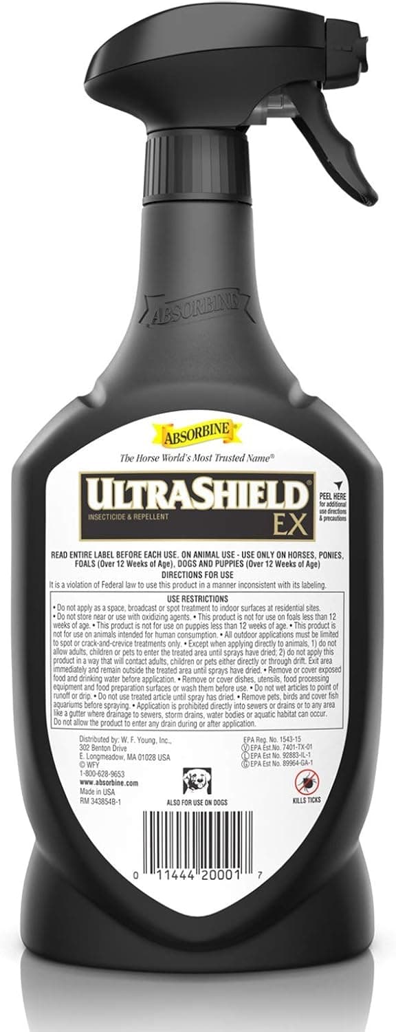 Absorbine UltraShield EX Insecticide & Repellent, 32 fl oz Sprayer | Use on Horses, Dogs & Premise, Kills & Repels 70+ Species Including Flies, Mosquitoes, Ticks, Fleas, Lice, Up to 17 Days