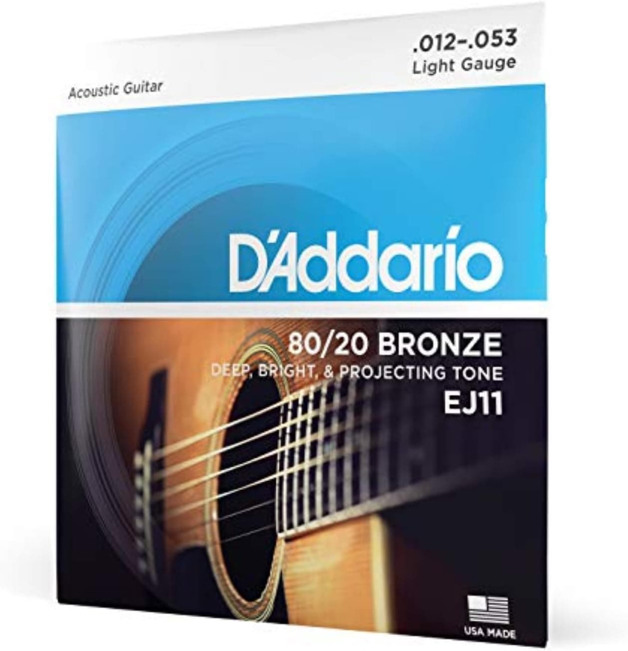 D'Addario EJ11 80/20 Bronze Acoustic Guitar Strings, Light 12-53 | Bright, projecting 80/20 bronze acoustic guitar strings deliver crisp tone, reliable performance, and comfortable playability