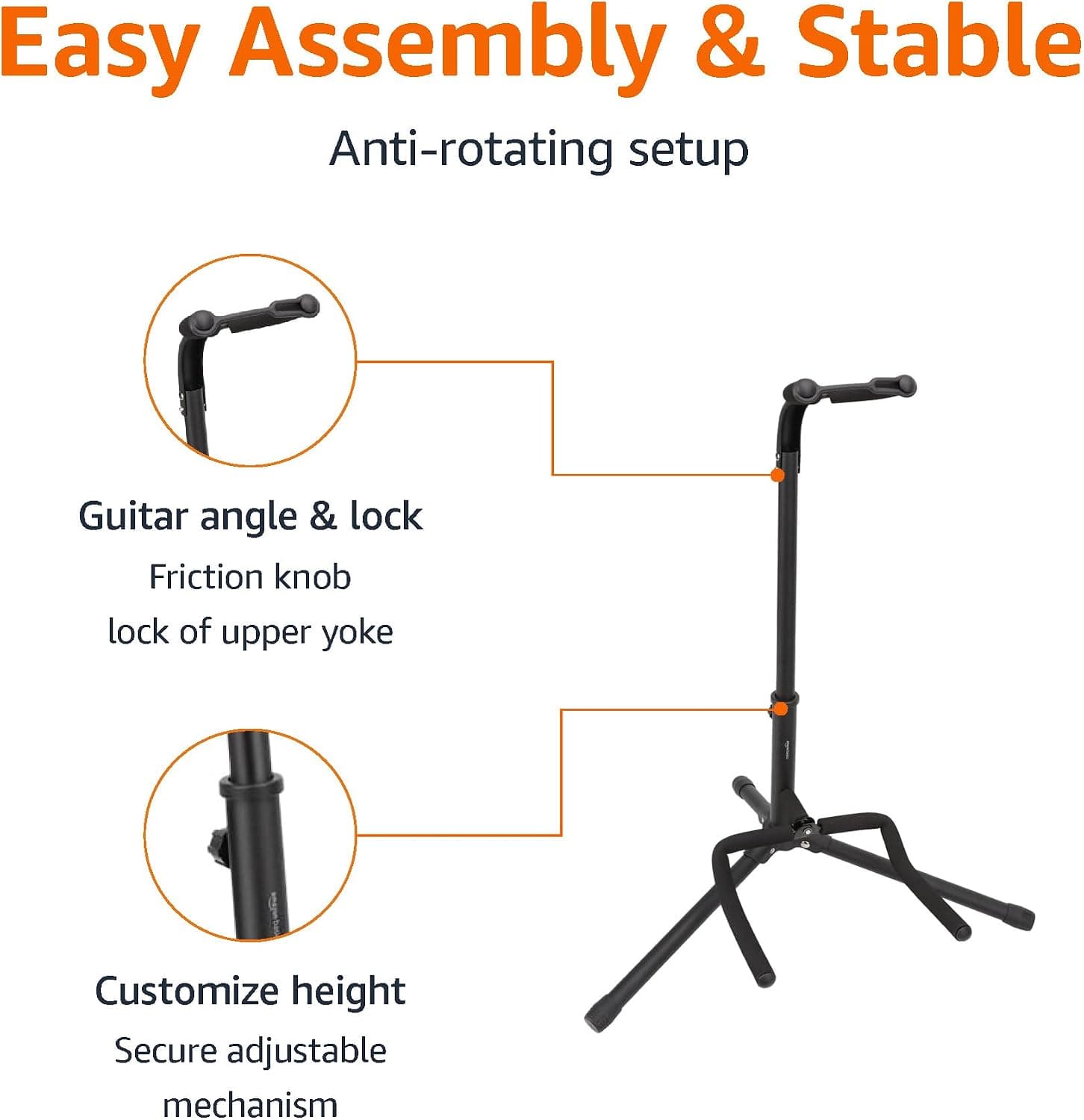 Amazon Basics Height Adjustable Foldable Guitar Stand with Secure Support, Padded Non-Slip Floor Stand for Acoustic, Electric, Bass and Banjos, Portable Display Stand, Black
