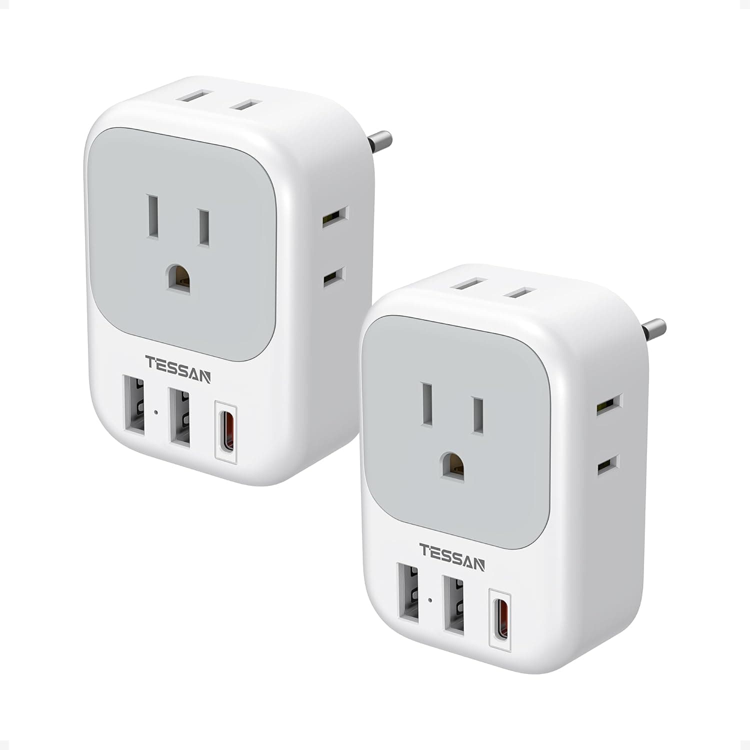 TESSAN 2 Pack European Travel Plug Adapter, Europe Power Converter | 4 Outlets 3 USB (1 USB C PD 20W), Type C International Plug, For Italy Spain France Portugal Iceland Germany