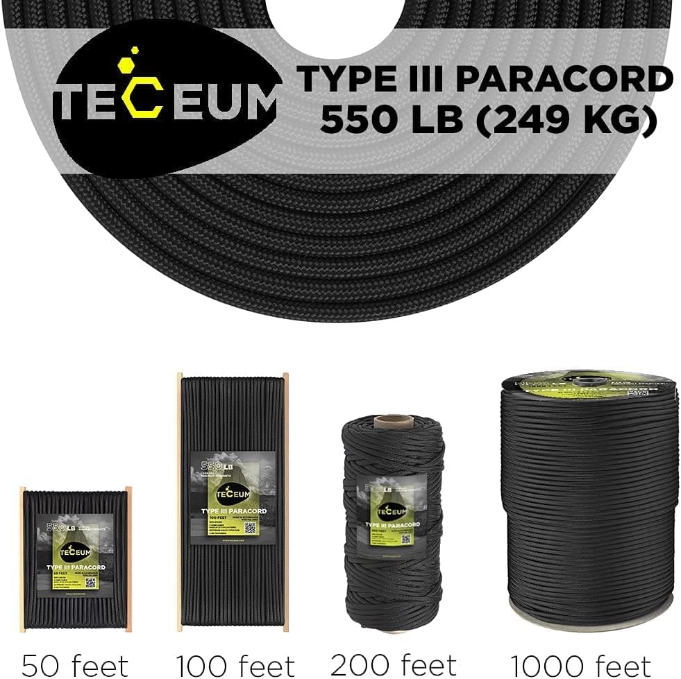 Paracord Rope 550 lb 4mm – Parachute Cord – Utility Camping Rope | 550 Paracord Type III, 50ft to 1000ft, 45+ Colors, Survival and Tactical Outdoor Gear, Nylon Core Para Cord for Clothesline