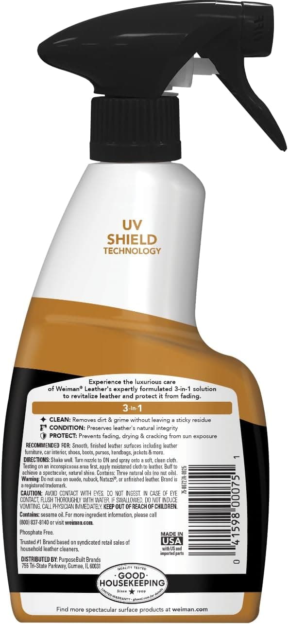 Weiman Leather Cleaner & Conditioner - Cleans, Restores & Protects Leather, UV Protection Prevent Cracking & Fading, Auto, Sofas, Shoes, Bags & All Finished Leather Surfaces, 1 Pack, 12 Fl Oz
