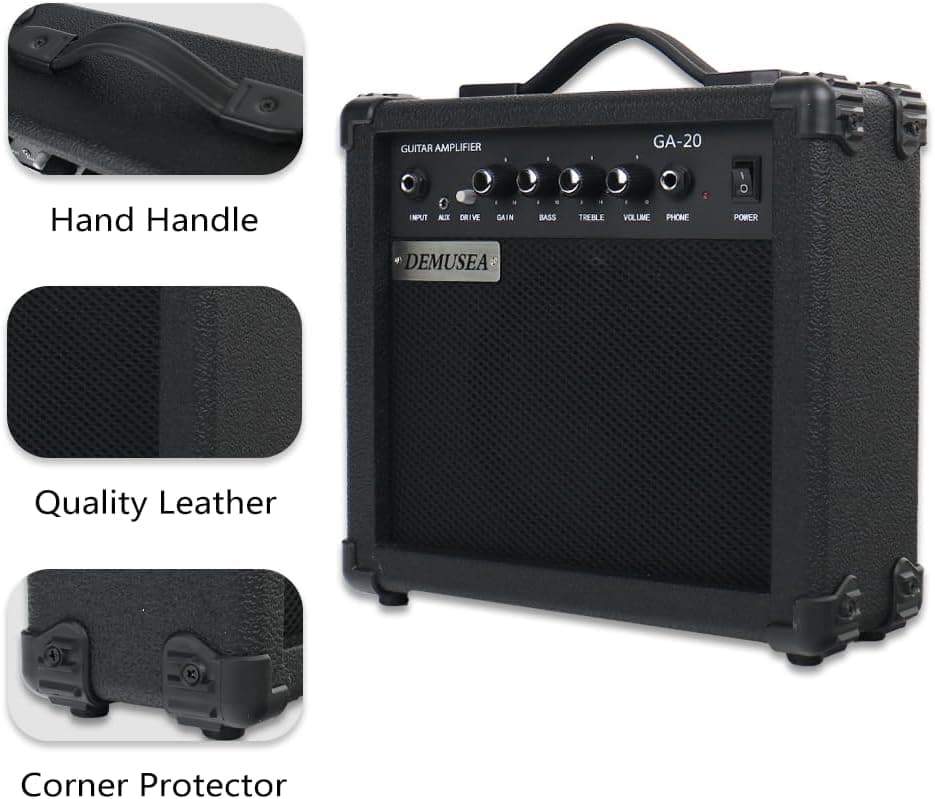 Electric Guitar Amplifier 20w Guitar Amp Starter Beginner Practice Small Portable Travel Headphone Aux Distortion Gain Treble Bass Volume Noiseless Cable Adapter Pick Aux Cable Earphone (BK)