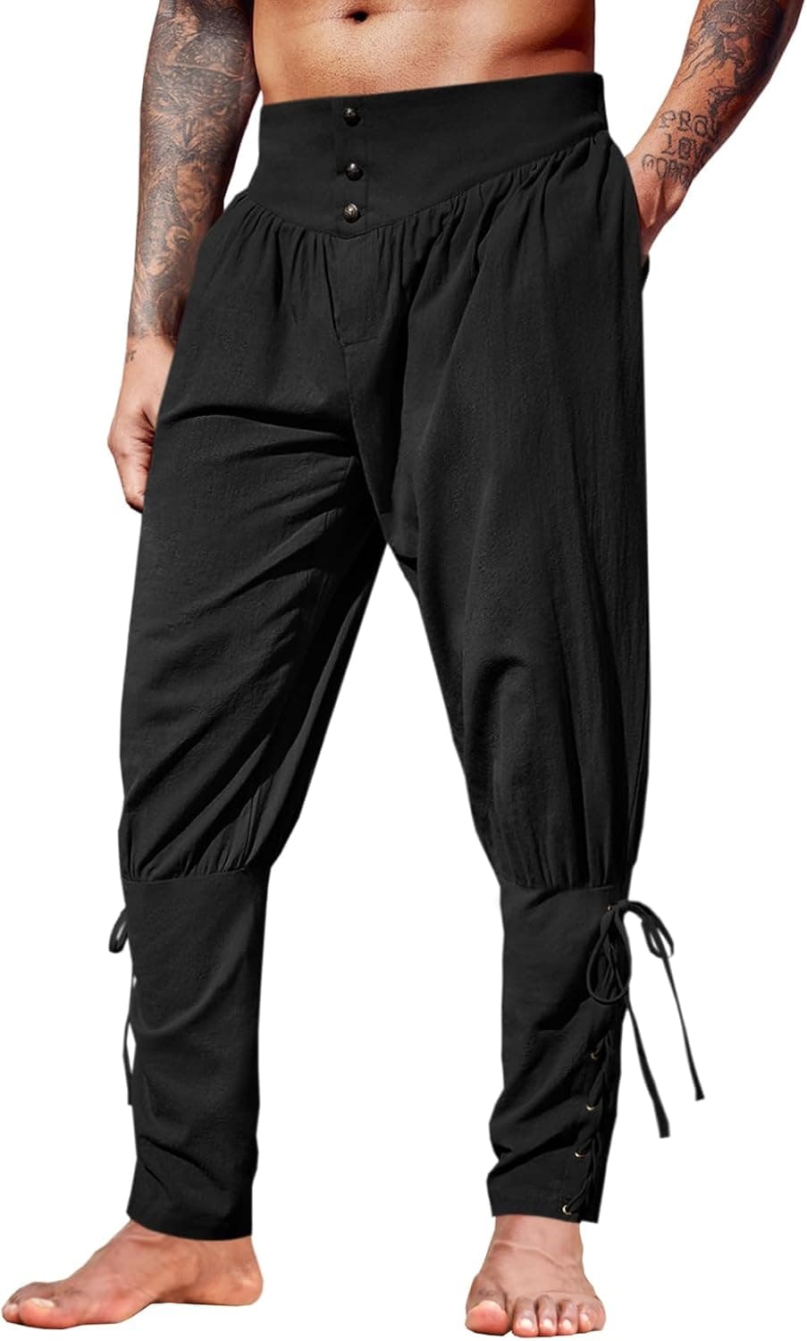 Runcati Mens Medieval Ankle Pants Renaissance Viking Linen Costume Trousers | Pirate, Lace Up, Tapered, Halloween, Two Side Pockets, Elastic Waist