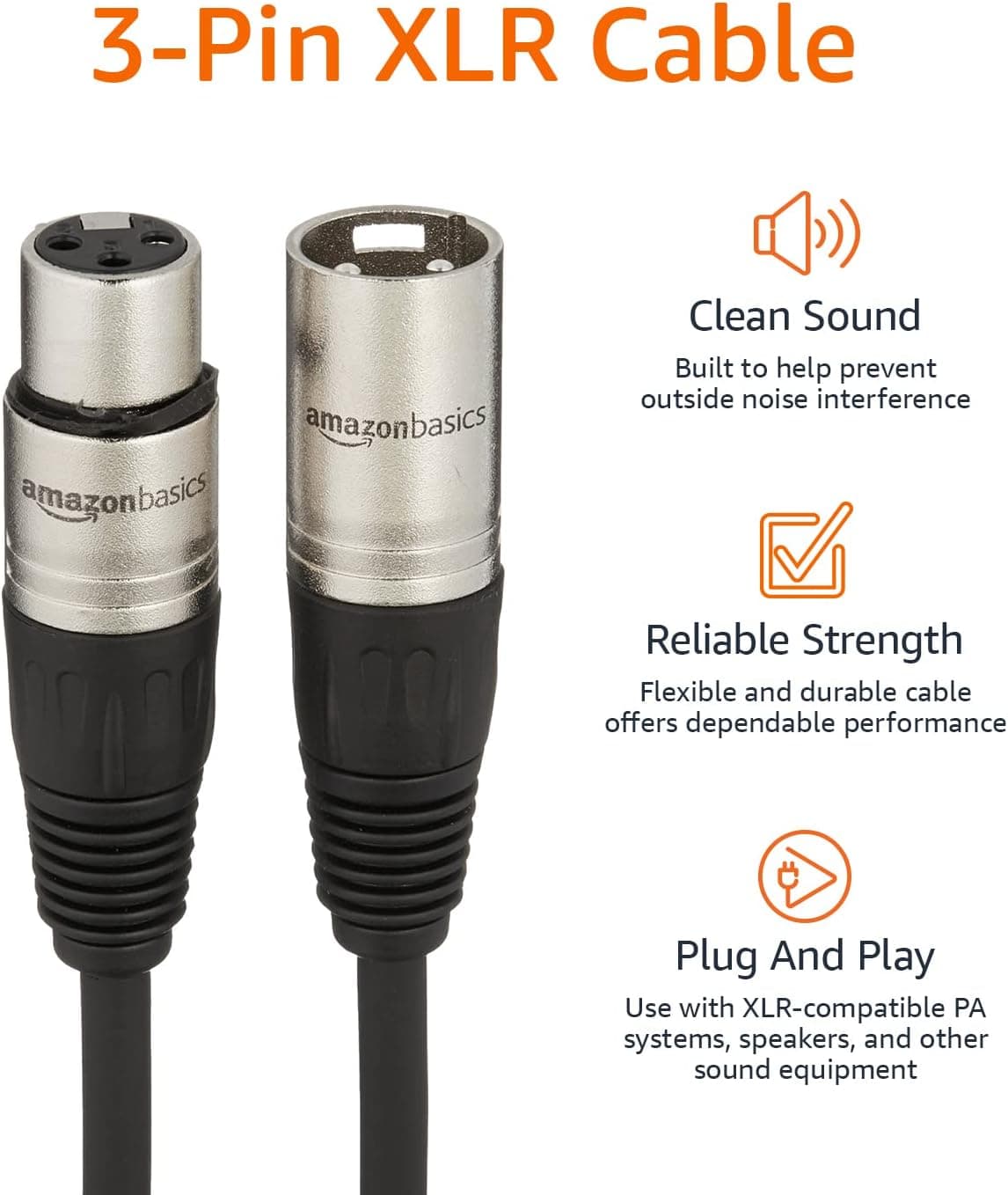Amazon Basics XLR Male to Female Microphone Cable for Speaker or PA System, Recording Studio, All Copper Conductors, Low Noise Shielding, 6MM PVC Jacket, 6 Foot, Black