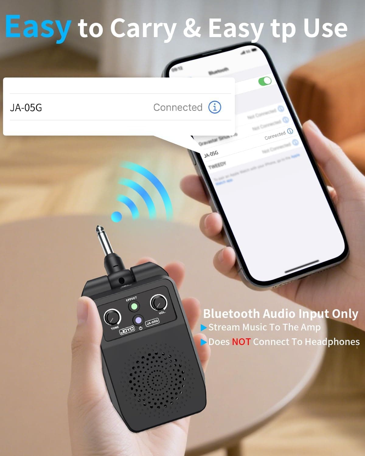 JOYO Mini Amp 5W Portable Plug in Practice Electric Amp Bluetooth Rechargeable Combo Guitar Amplifier Built-in 4 Effects Clean, Overdrive, Distortion, Reverb (JA-05G)