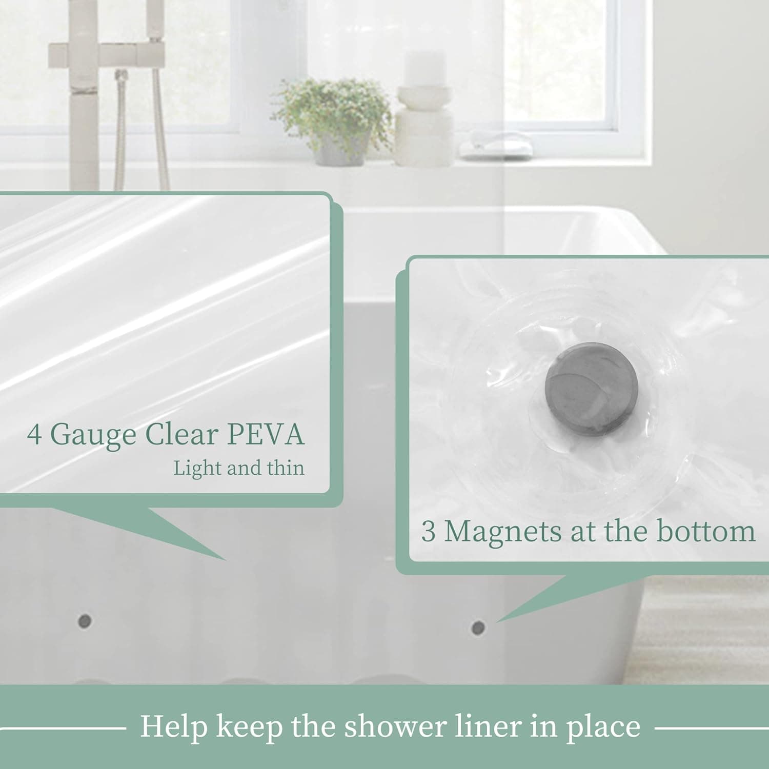 Clear Shower Curtain Liner with 3 Magnets, 72x72 | 12 Rustproof Grommets, Premium Flexible Sturdy Plastic Shower Curtain for Bathroom Lightweight, Waterproof,72W x 72H