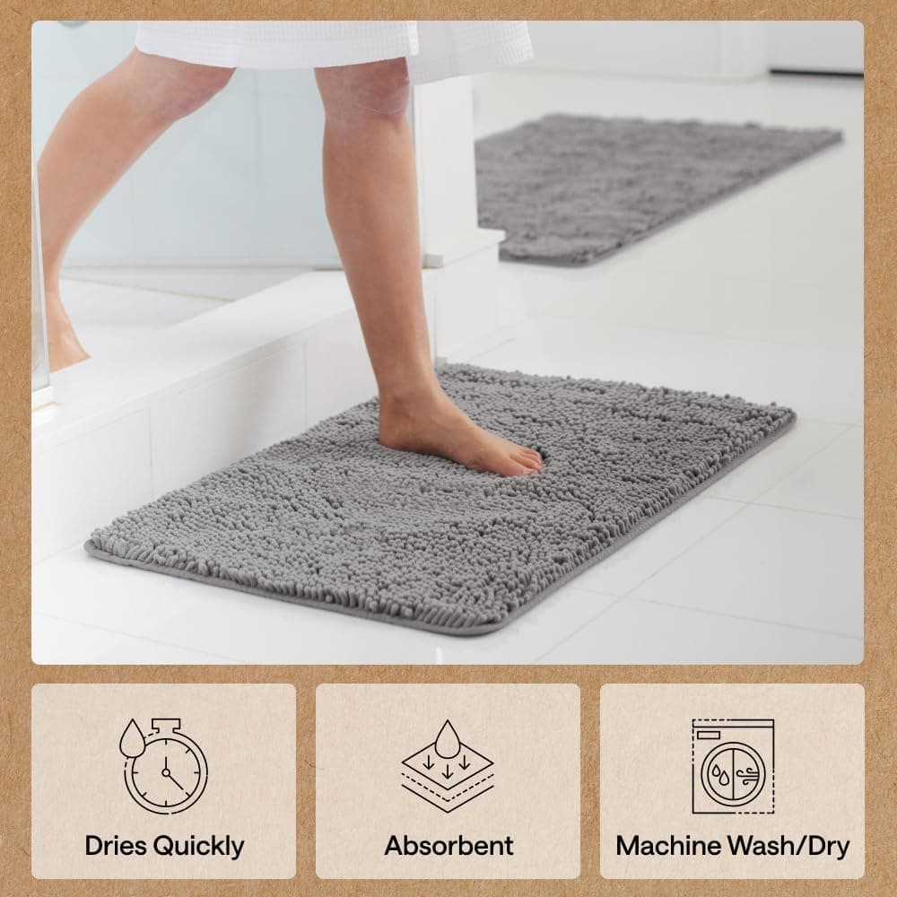 GORILLA GRIP Bath Rug Mat, Thick Soft Absorbent Chenille, Quick Dry Microfiber Mats, Rubber Backing, Machine Washable Shower Floor Rugs, Bathroom Bathmat Home Decor Accessories, 24x17 Grey