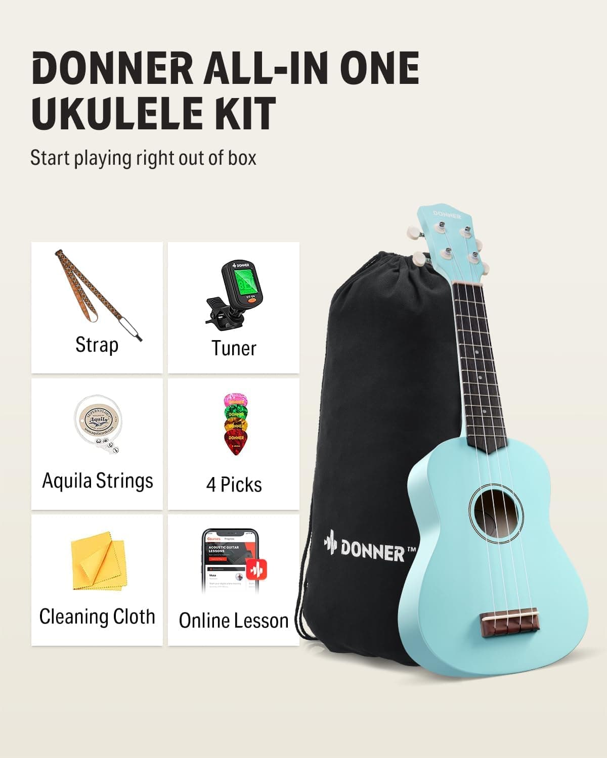 Donner Soprano Ukulele for Beginner 21 Inch Matte Ukulele Beginner Kit with Bag Strap Tuner Strings Picks Cloth, Free Online Lessons, Holiday Christmas & Birthday Gift (Cyan Blue)