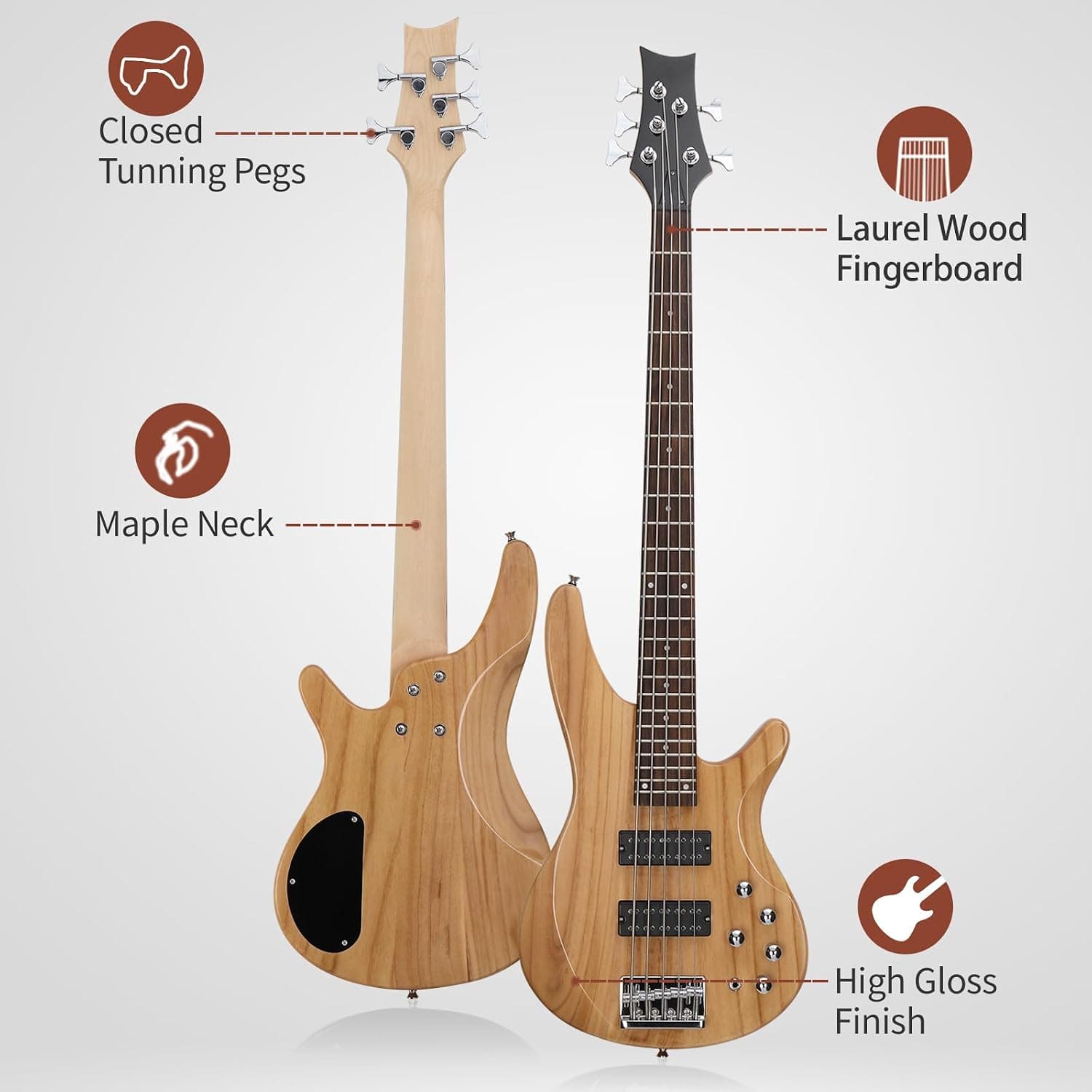 Ktaxon 5 String Electric Bass Guitar | Full Size 5 String Bass Guitar Kit | Standard Right Handed Bass Guitar Kit with Portable Gig Bag, Adjustable Strap, Cable, Pick & Wrench(Upgraded Natural)