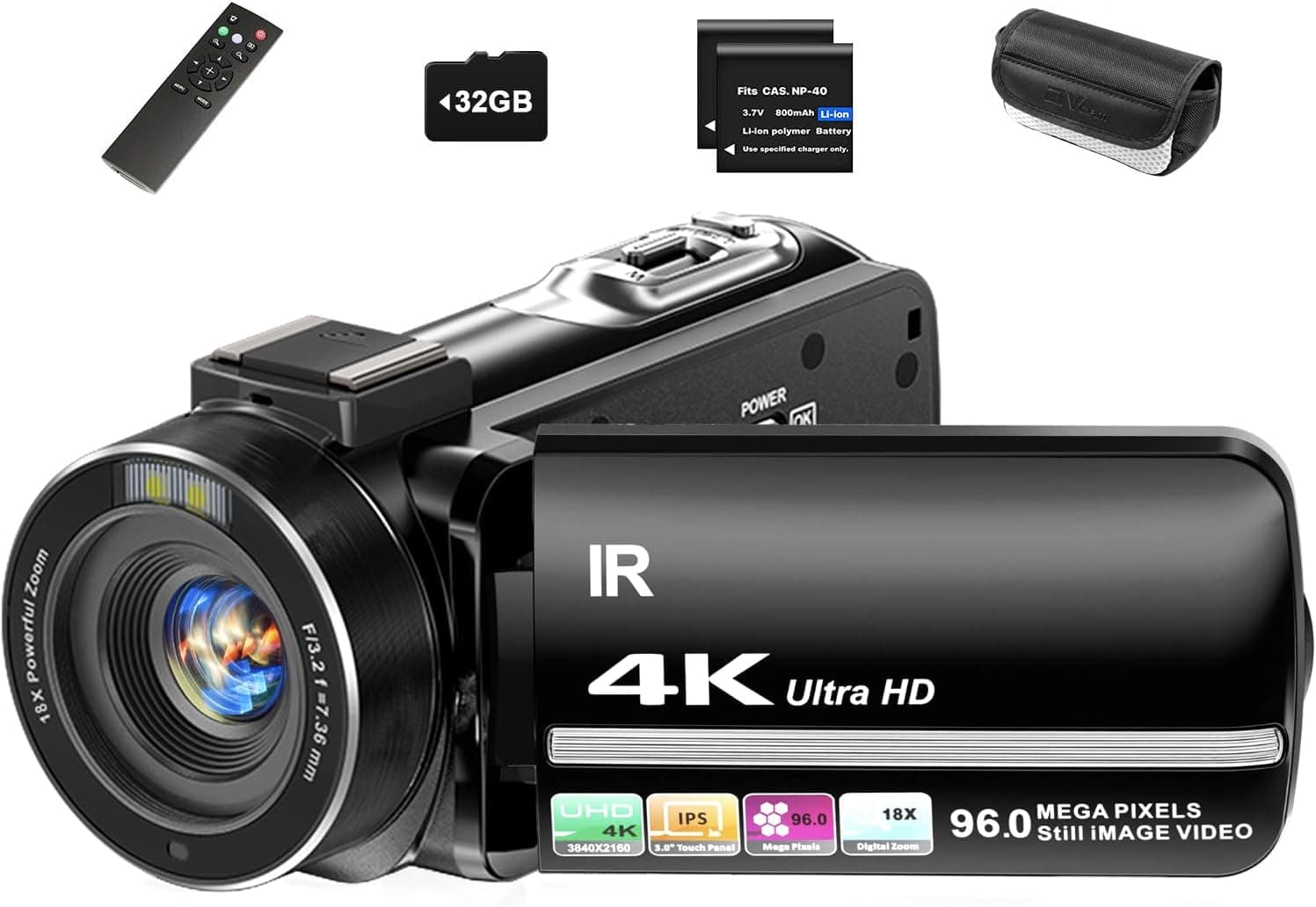 4K Video Camera Camcorder 96MP UHD Vlogging Camera for YouTube 18X Digital Zoom 3.0 IPS 270° Rotation Touch Screen Video Recorder with Remote Control, Night Vision, 32GB Card, 2 Batteries