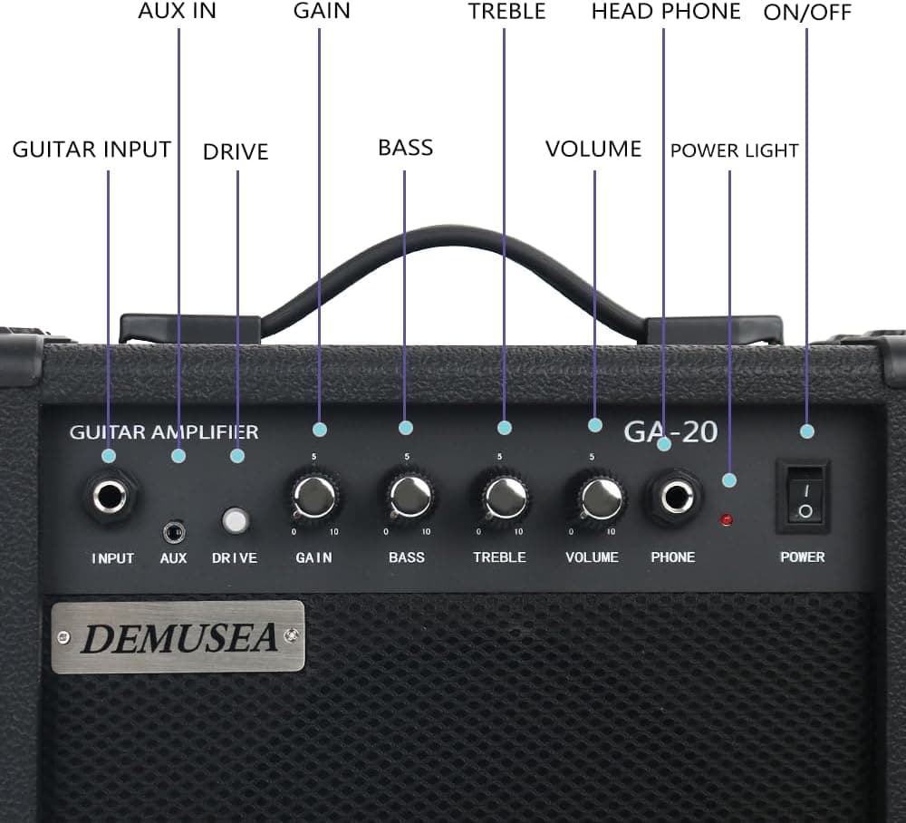 Electric Guitar Amplifier 20w Guitar Amp Starter Beginner Practice Small Portable Travel Headphone Aux Distortion Gain Treble Bass Volume Noiseless Cable Adapter Pick Aux Cable Earphone (BK)