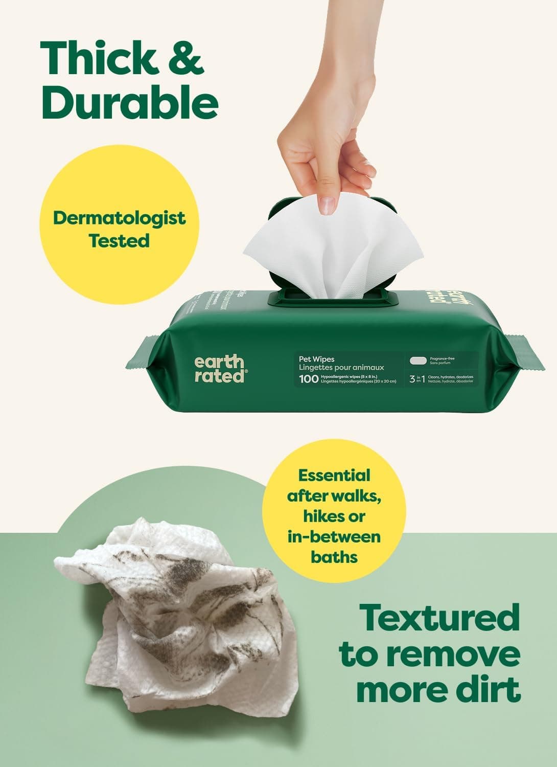 Earth Rated Dog Wipes for Paws & Butt, Deodorizing, Unscented, 100ct | Hypoallergenic, 3-in-1 Cleaning and Hydrating, for Grooming Paws, Body and Butt
