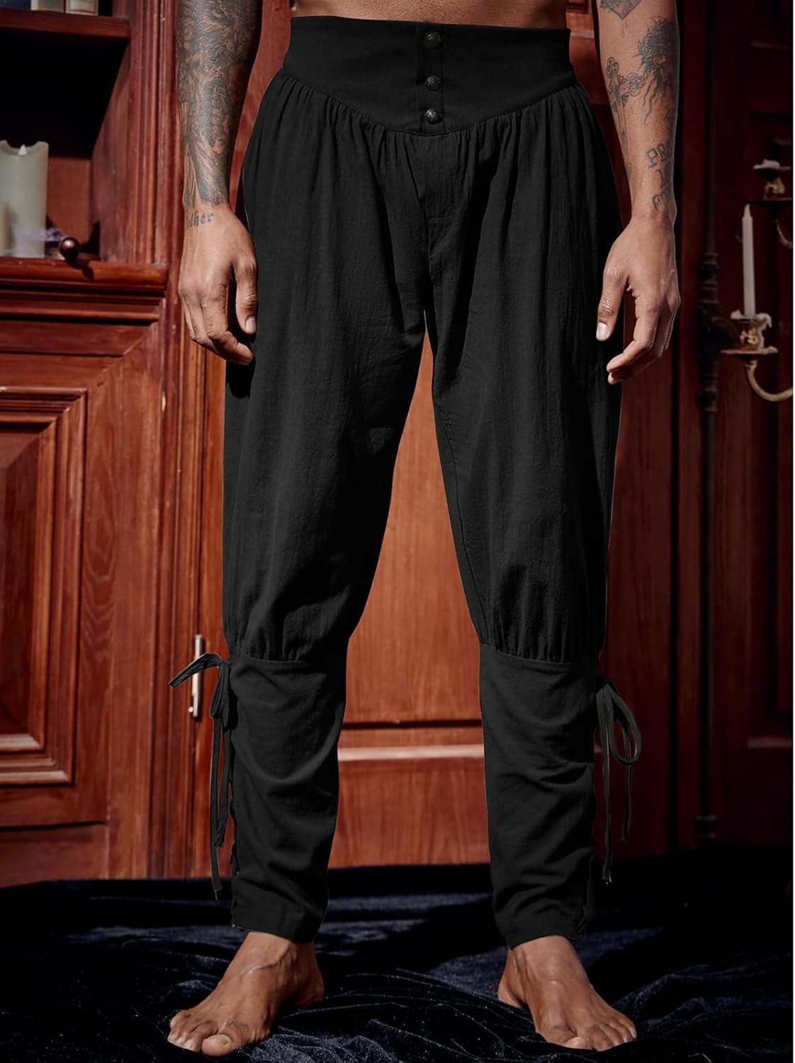 Runcati Mens Medieval Ankle Pants Renaissance Viking Linen Costume Trousers | Pirate, Lace Up, Tapered, Halloween, Two Side Pockets, Elastic Waist