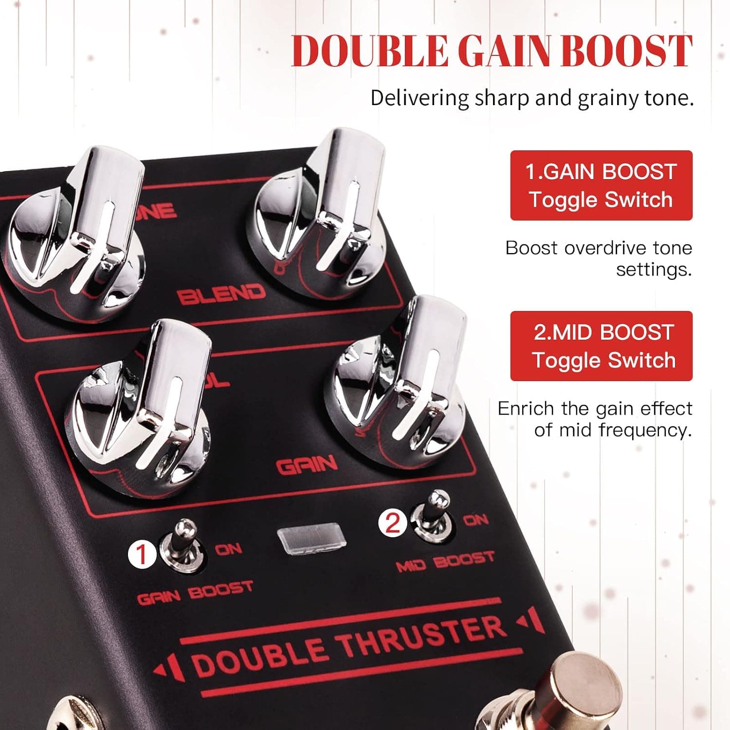 JOYO Bass Overdrive Guitar Pedal, Blend Control with Mid & Gain Boost Switches, Tone/Volume/Gain Knobs, Bypass (DOUBLE THRUSTER R-28)